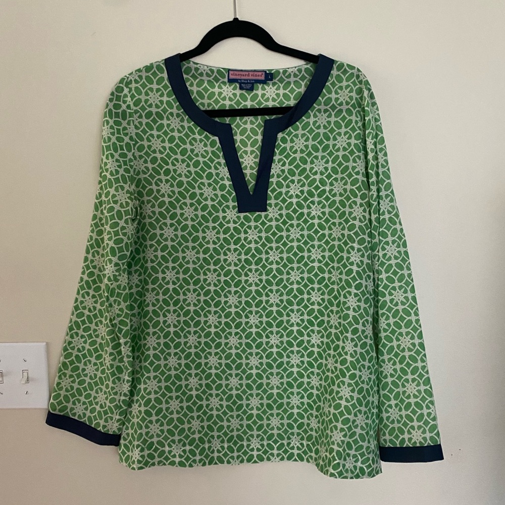 Vineyard Vines Large Green Blue White Cotton Silk V neck Tunic